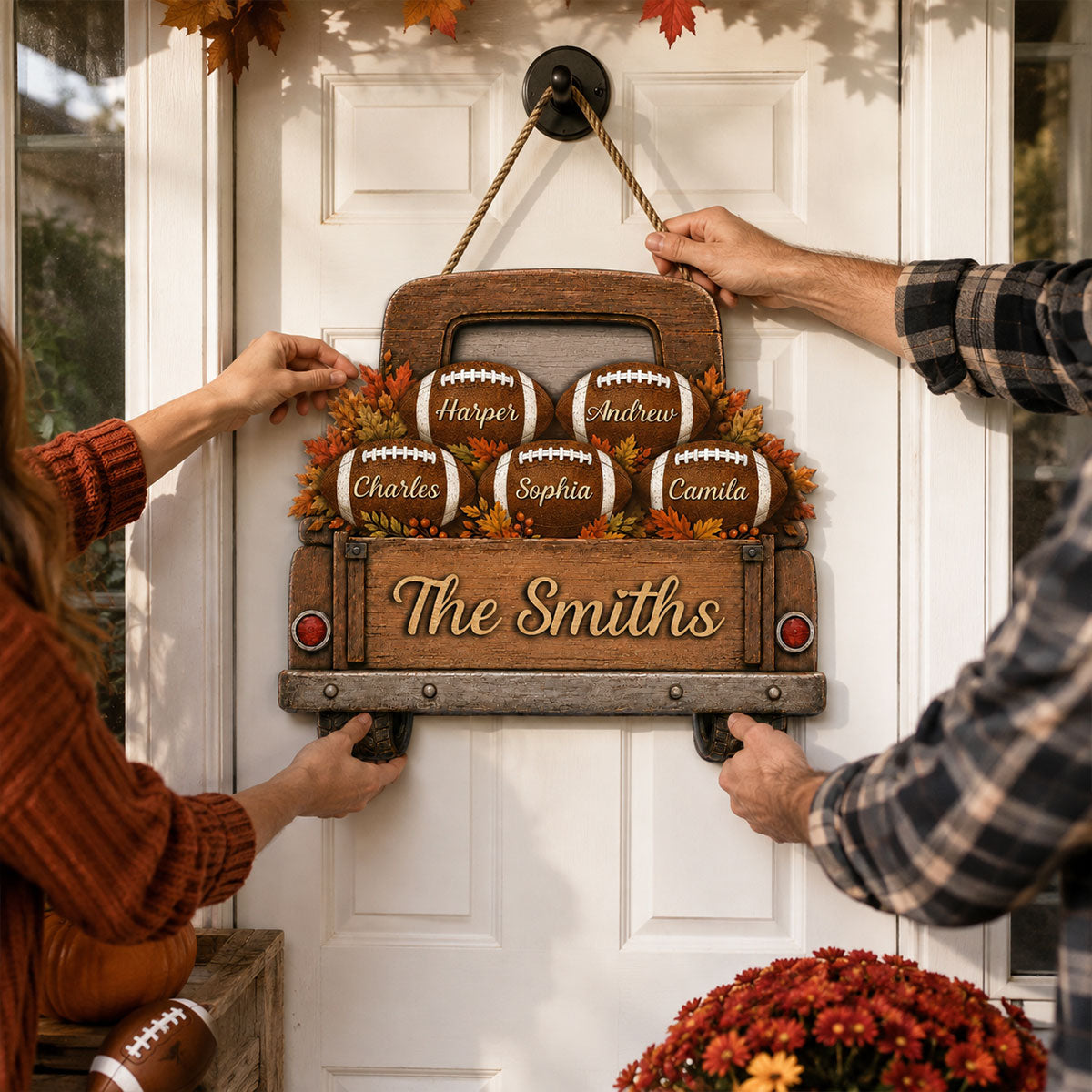 Football Family Truck With Custom Names 2D Flat - Personalized Wood Sign - Fall Season Decor For Football Lovers
