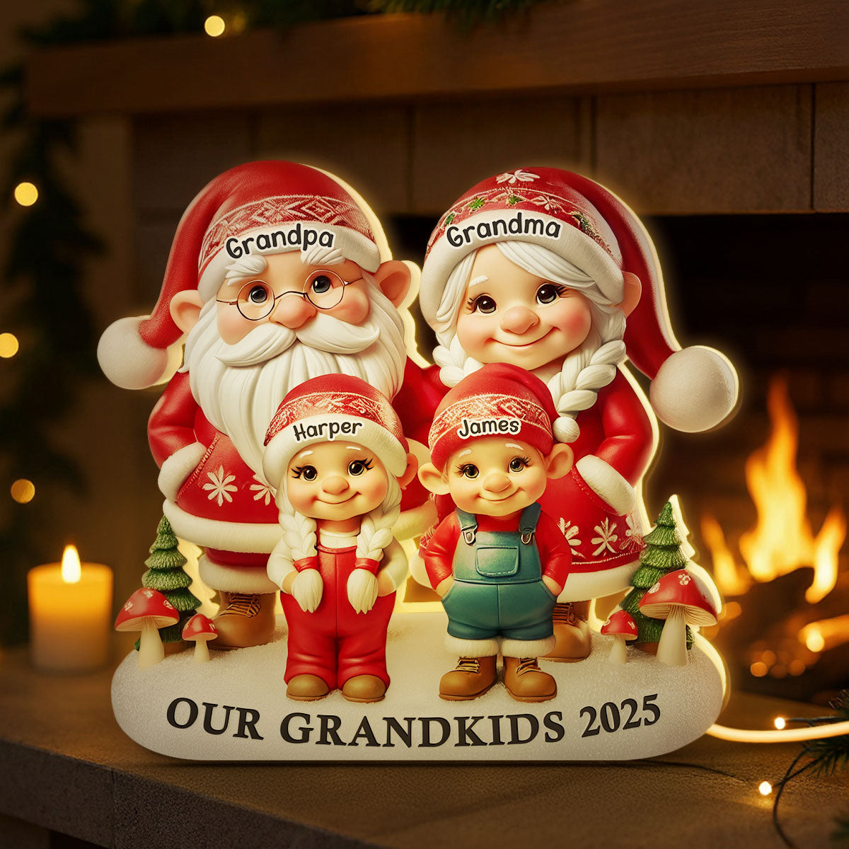 3D Effect Christmas Gnome Grandma Grandpa And Grandkids - Personalized Light Box