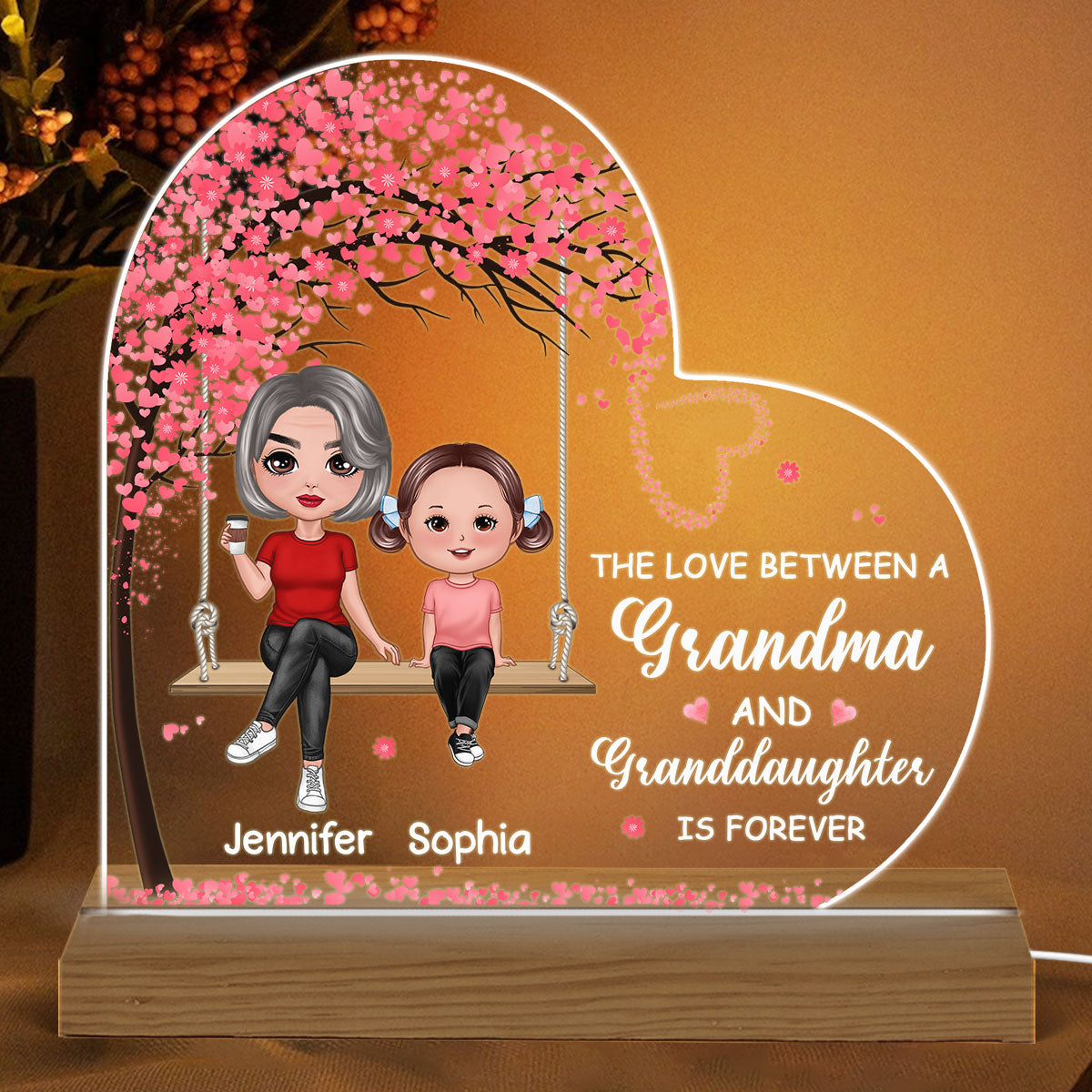 Grandma Granddaughter Daughter Sitting On Swing Personalized Custom Shape Acrylic Plaque Warm LED Night Light