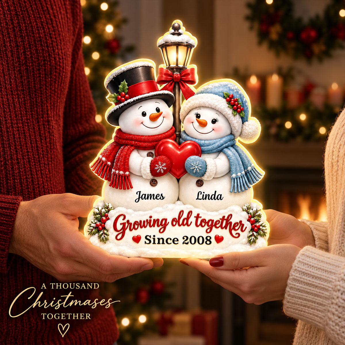 Snowman Couple Growing Old Together - Personalized Light Box - Heartfelt Christmas Gift for Her, for Him