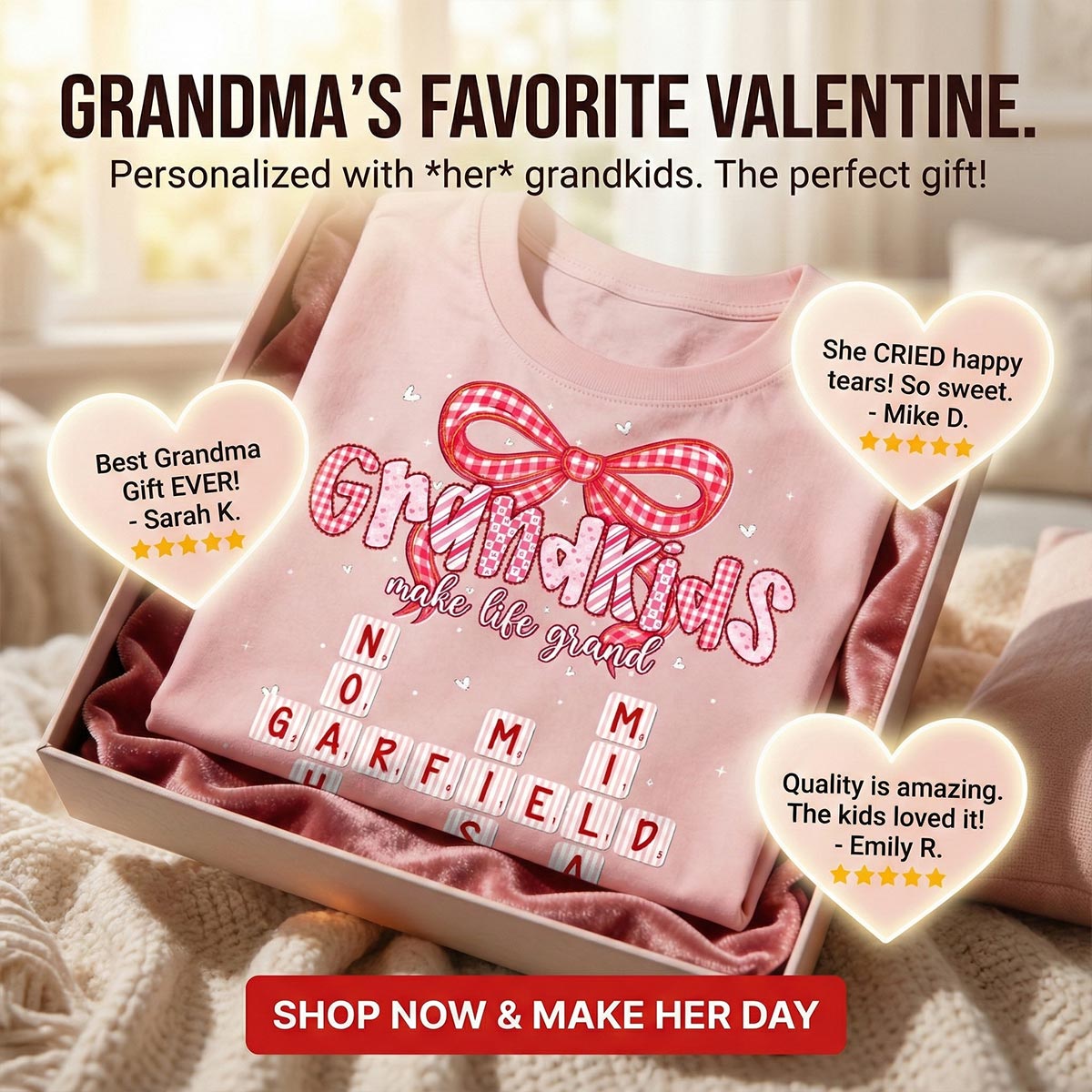 Grandkids Make Life Grand Preppy Valentine Pattern Crossword Puzzle Art - Personalized Shirt - Valentine's Day Gift For Grandma