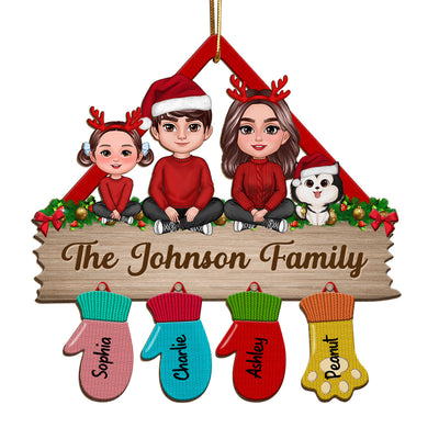 Happy Family Sitting Christmas Glove Personalized Wooden Ornament