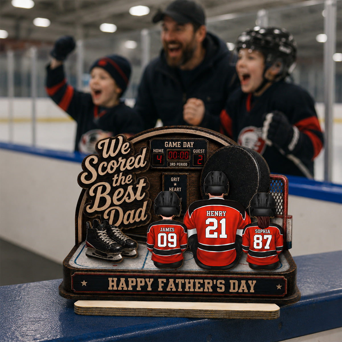 Hockey Dad & Kids Sitting On Court 2D Flat - Personalized 2-Layered Wooden Plaque - Father's Day Gift For Hockey Dad