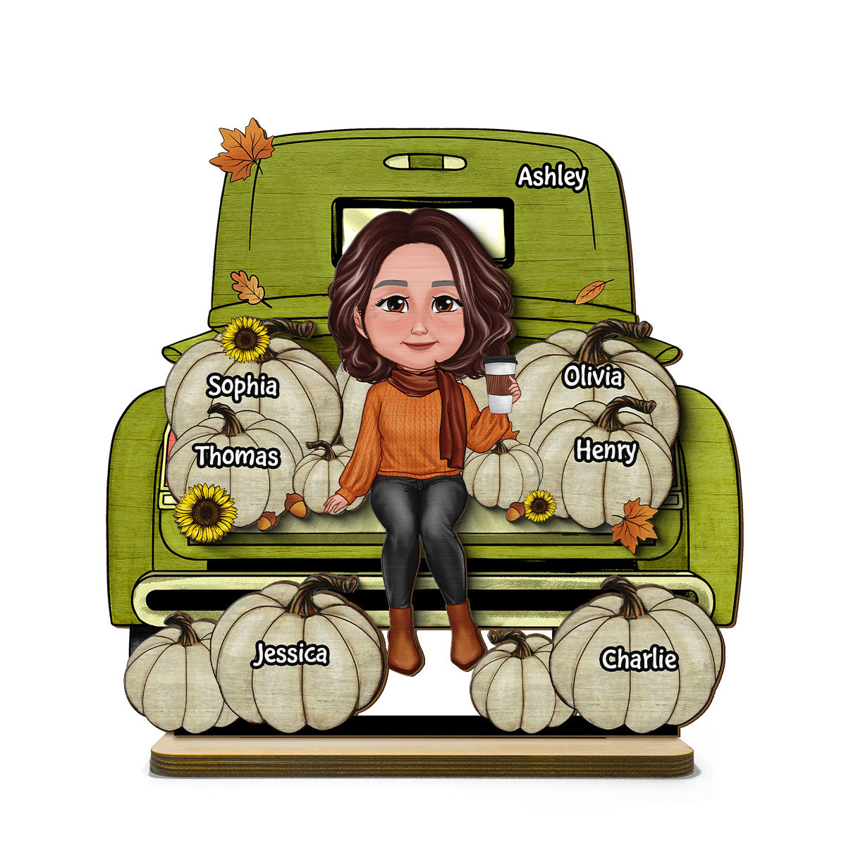 Grandma Fall Season Truck Personalized 2-Layer Standing Wooden Plaque, Fall Season Tier Tray Decoration