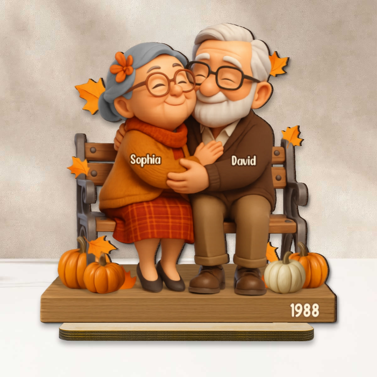 Old Couple Sitting Hugging Personalized Standing Wooden Plaque, Fall Decor for Couples