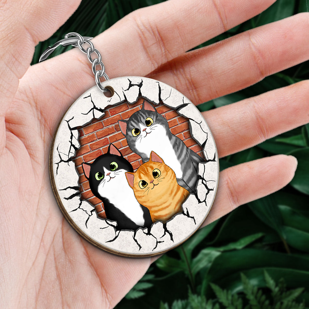 Naughty Cats Brick Background Personalized Wooden Keychain