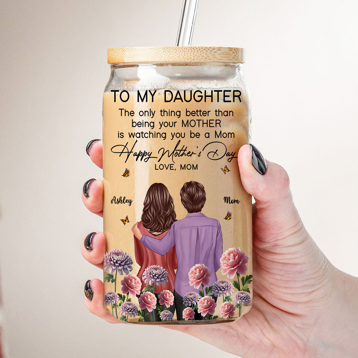 To My Daughter From Mom Happy Mother's Day Birth Flower Personalized Glass Can, Gift For Daughter