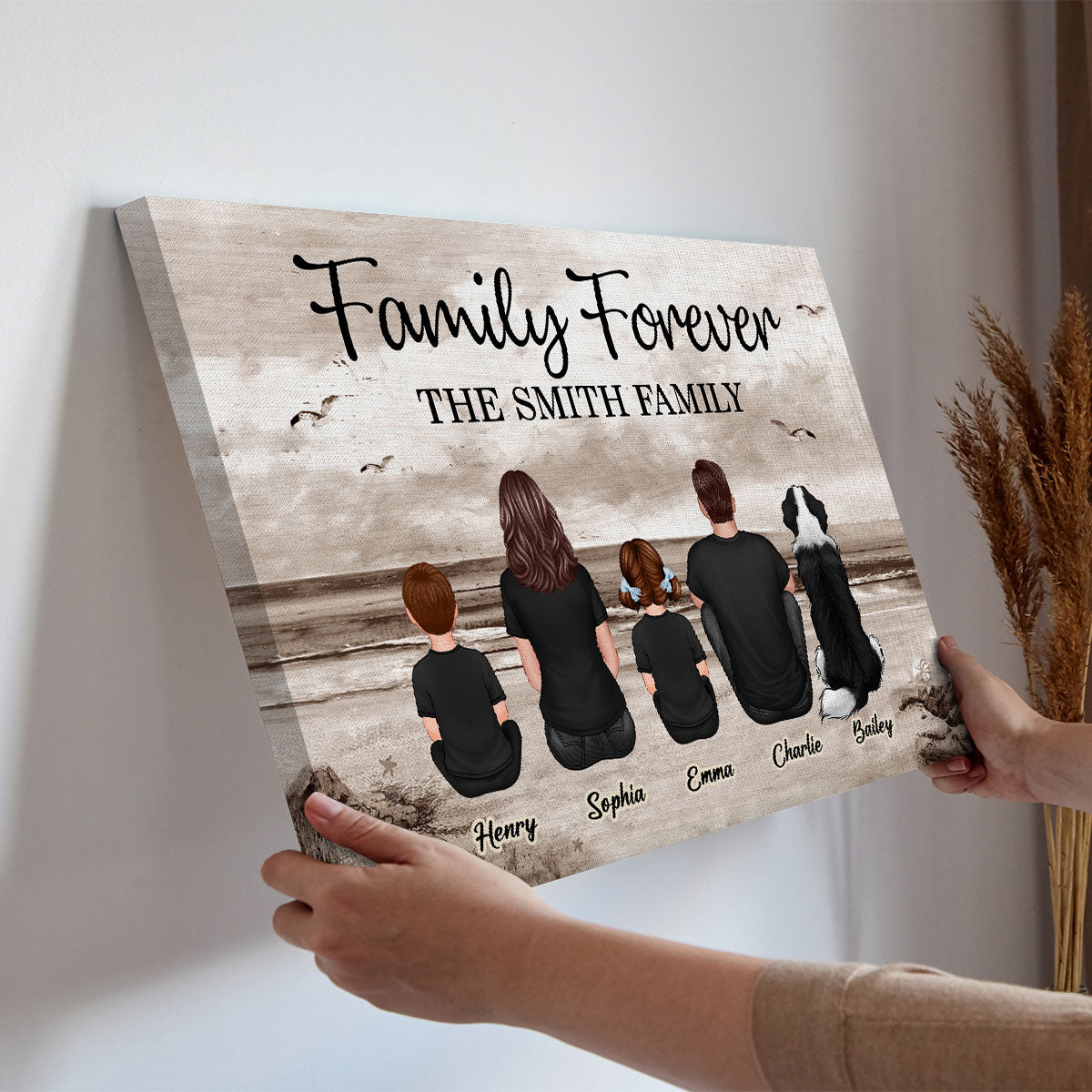 Retro Vintage Family Sitting Beach Landscape Personalized Canvas, Gift For Husband, Wife, Dad, Mom