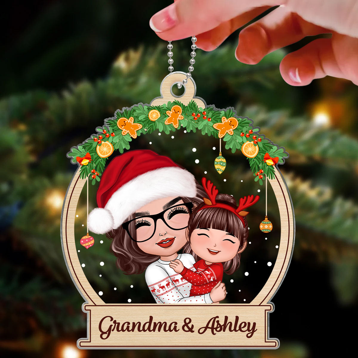 Christmas Doll Grandma Hugging Grandkid In Snow Globe Gift For Granddaughter Grandson Personalized Acrylic Ornament