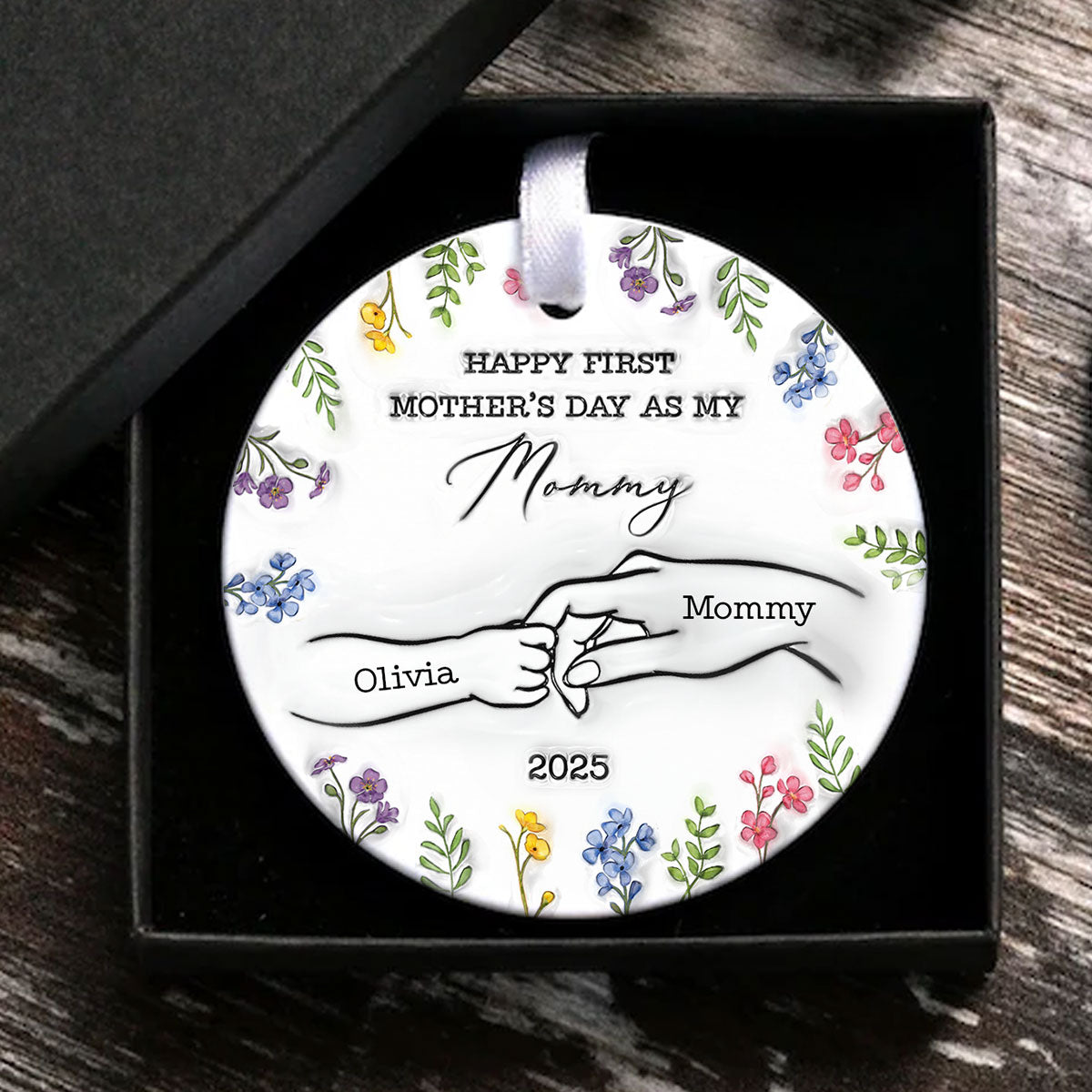 3D Inflated Effect Happy First Mother's Day Hand Outline Personalized Circle Ceramic Ornament