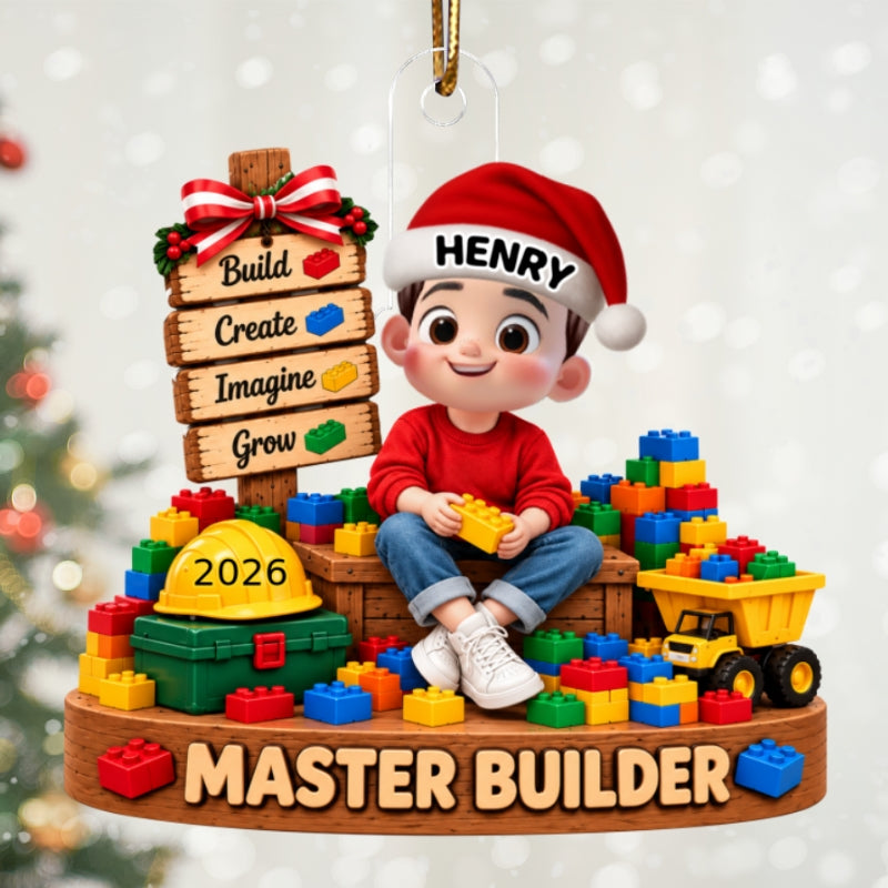 Little Cute Kid Master Builder - Personalized Acrylic Ornament - Christmas Gift For Kids, Son, Grandson, Daughter, Granddaughter