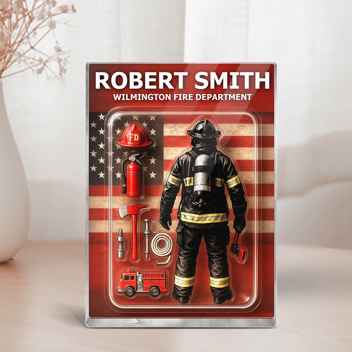 Firefighter Custom Figure Personalized Acrylic Block Plaque, Father's Day Gift for Dad, Gift for Husband