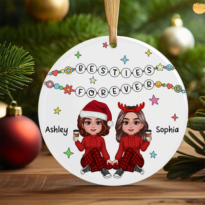 Besties Sisters Sitting Colorful  Friendship Bracelet Decor Personalized Circle Ceramic Ornament
