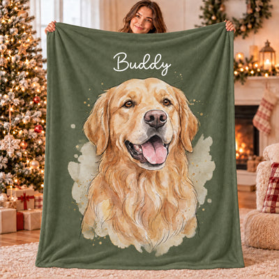 Custom Pet Watercolor Portrait from Photo - Personalized Fleece Blanket - Christmas Gift for Dog Cat Lovers