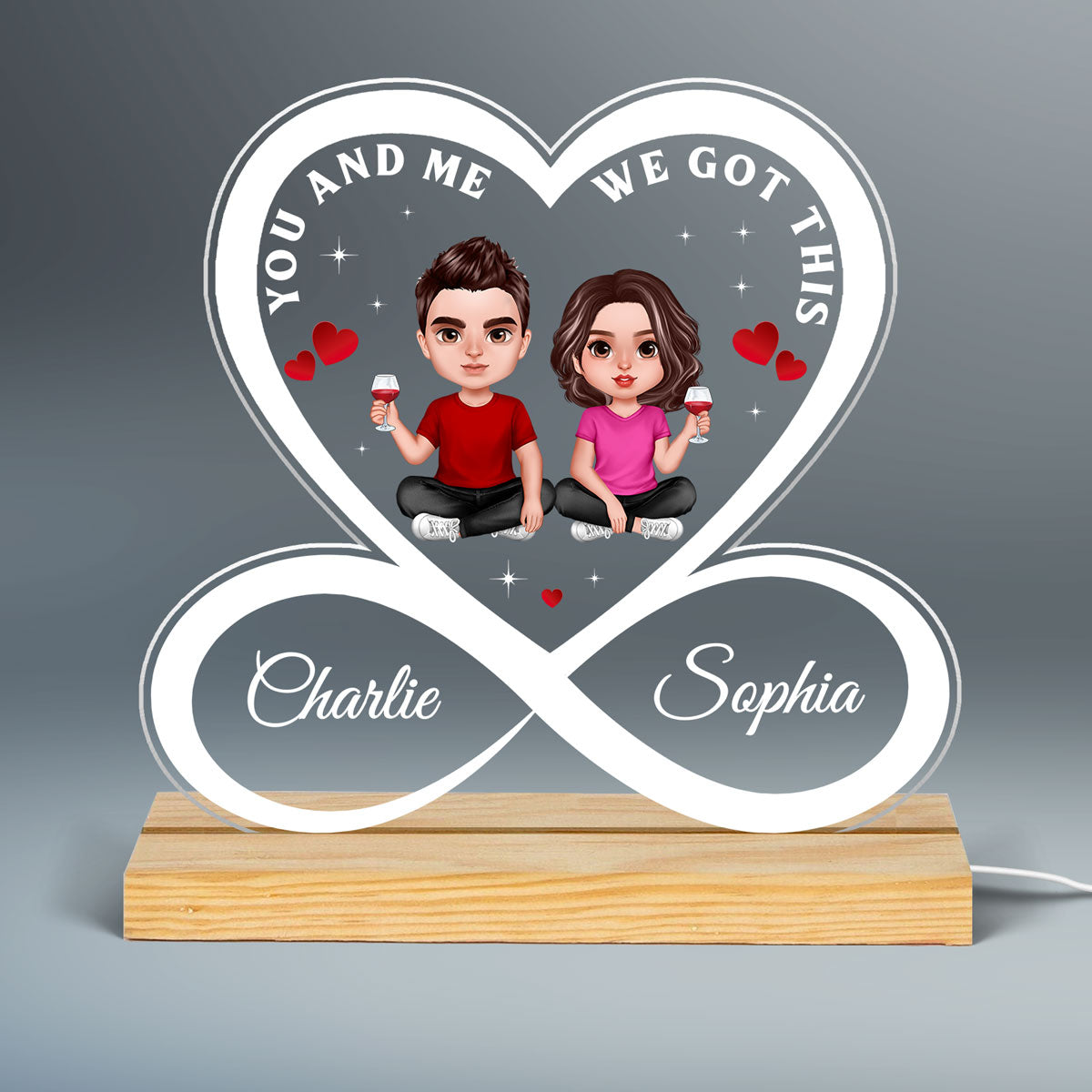 Infinity Heart Couple Doll Realistic Personalized Custom Shape Acrylic Plaque With LED Night Light - Anniversary Gift For Couple - Gift For Him Gift For Her