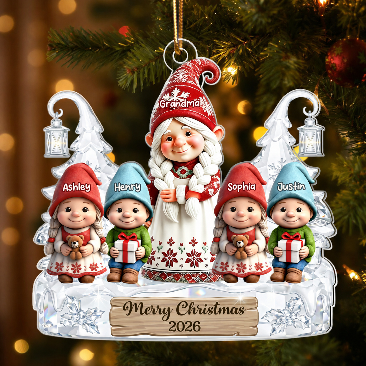 Gnome Grandma And Grandkids Pattern Crystal - Personalized Acrylic Ornament - Heartwarming Christmas Gift For Grandma, Family