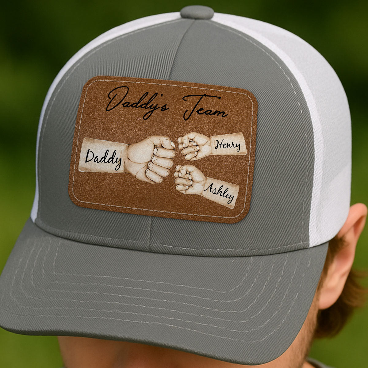 Daddy's Team Fist Bump Personalized Leather Patch Hat, Trucker Cap| Cool Father's Day Gift For Dad, Husband