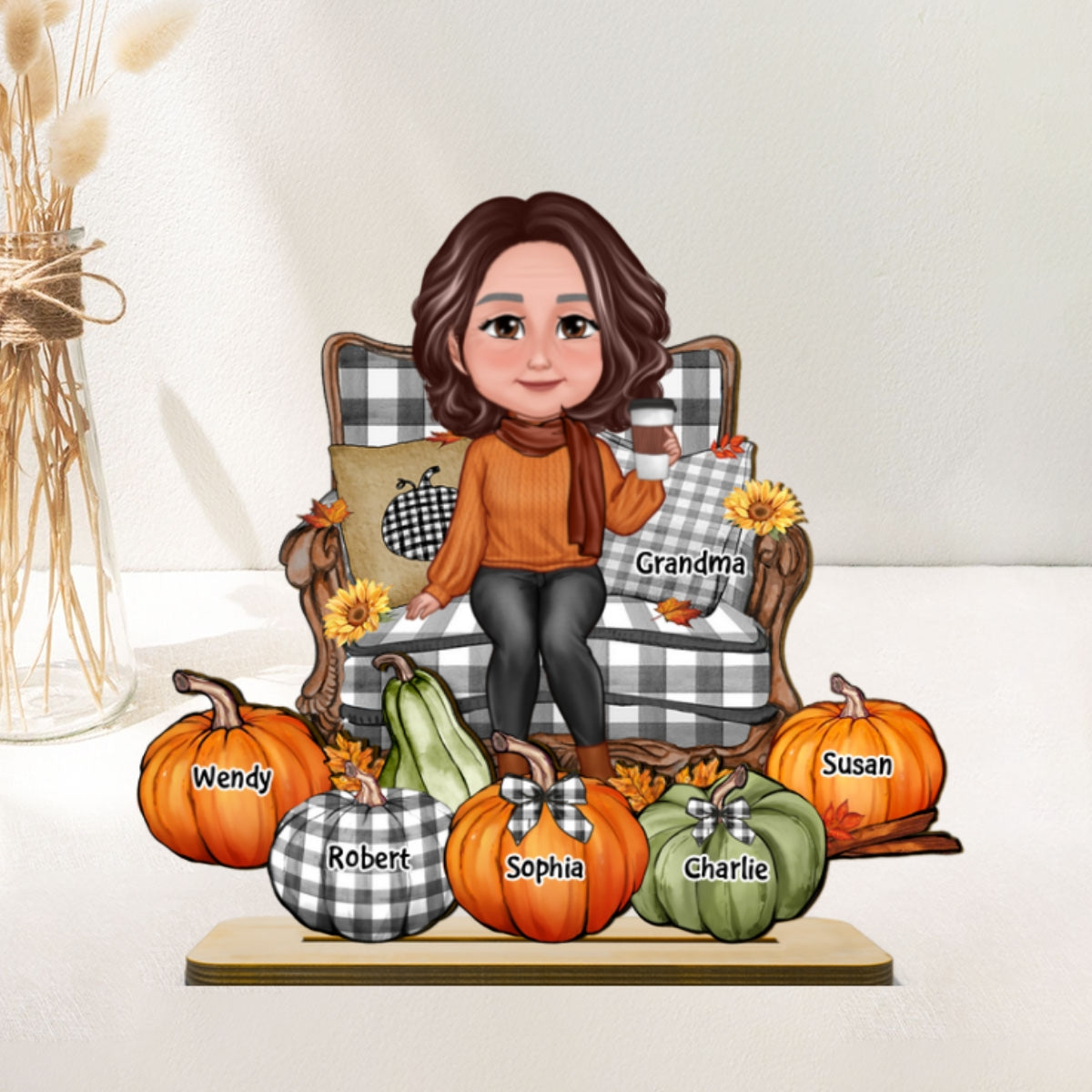 Grandma Sitting On Chair Pumpkins Personalized 2-Layer Standing Wooden Plaque, Fall Season Decor