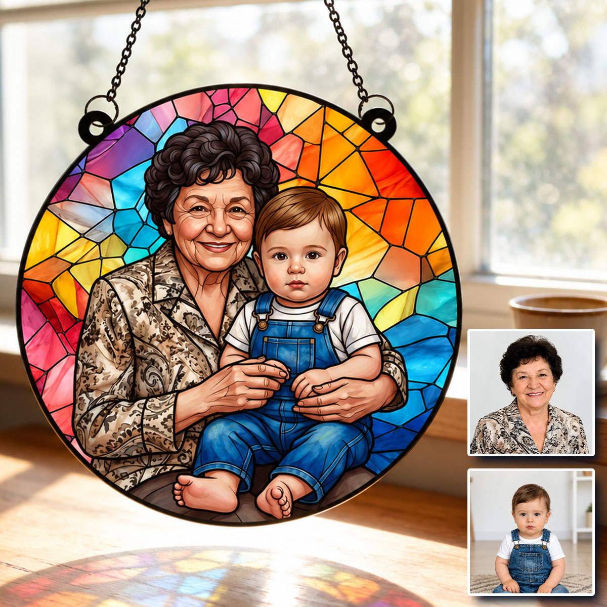 Stained Glass Family Portrait - Personalized Acrylic Window Hanger – Add Deceased Loved One to Photo, Custom Memorial Gift