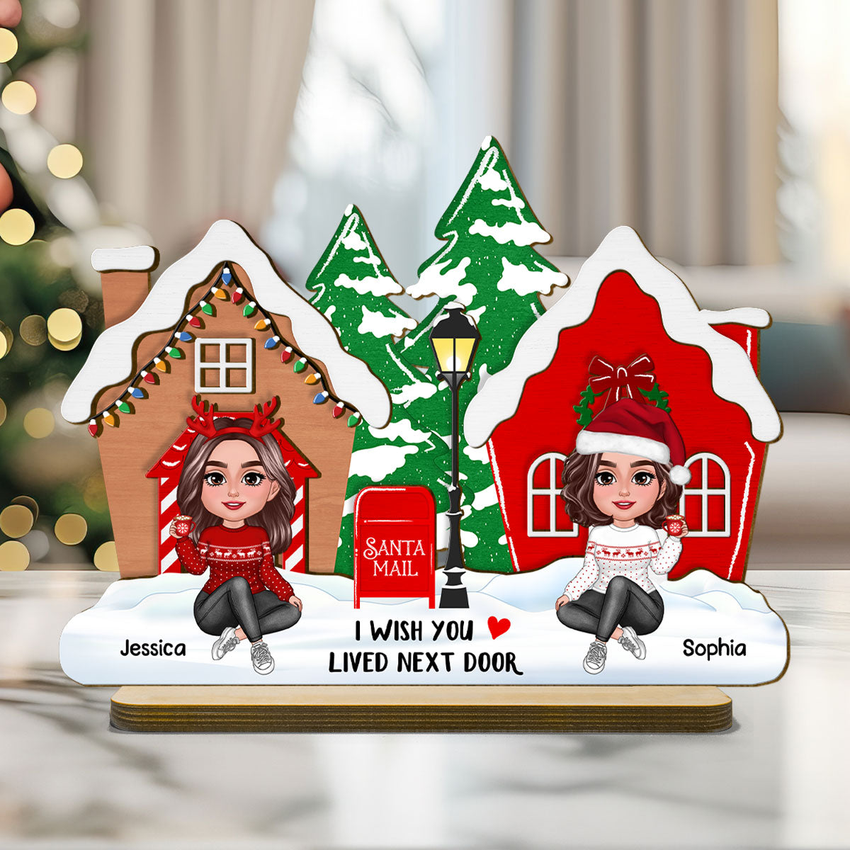 Wish You Lived Next Door Personalized 2-Layer Wooden Standing Plaque, Christmas Tiered Tray Decor