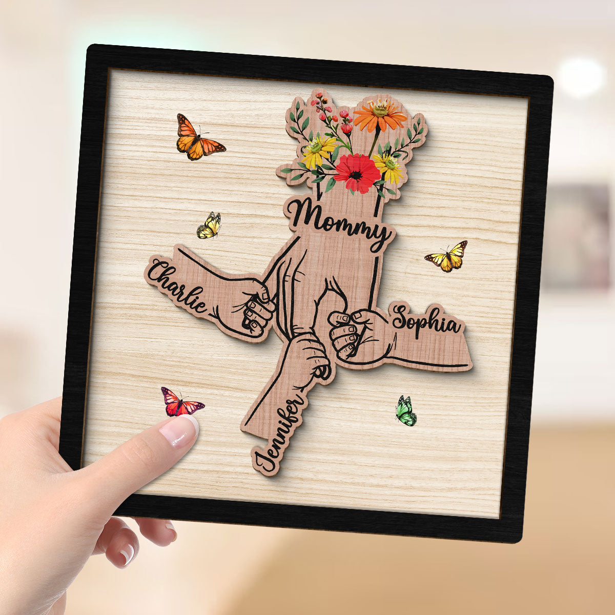 Grandma Mom Kids Hands Flowers Personalized 2-layer Wooden Plaque