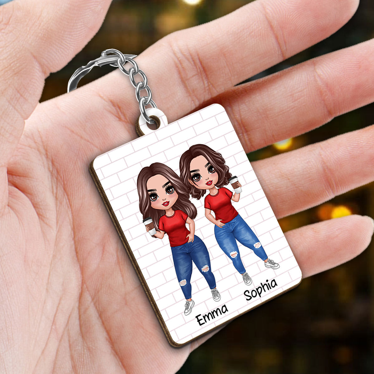 Colorful Pattern Doll Besties Gift For Best Friends Matching Personalized Wooden Keychain