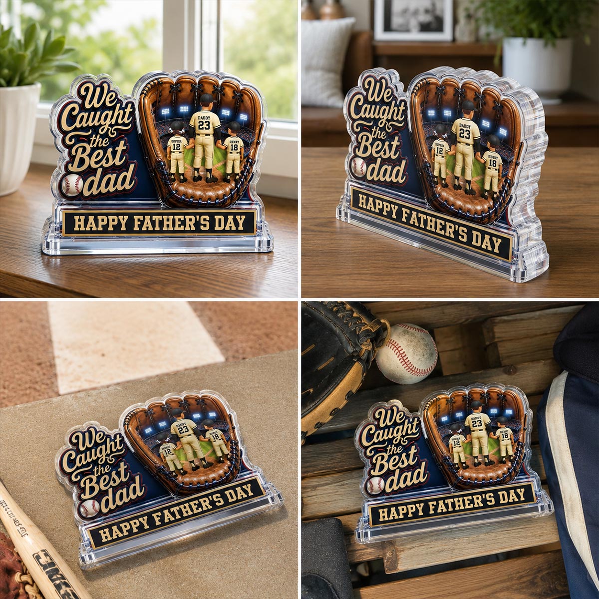 We Caught The Best Dad Dad & Kids In Glove 2D Flat - Personalized Acrylic Block Plaque - Happy  For Baseball Dad