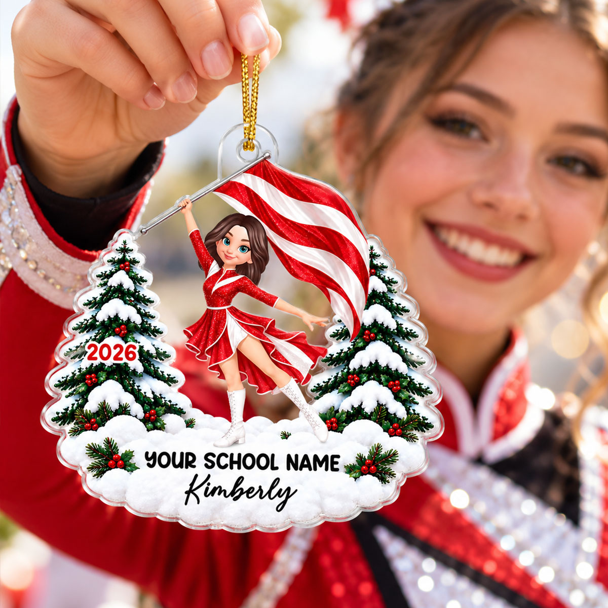 Color Guard Girl Custom Name & School Name - Personalized Acrylic Ornament - Christmas Gift For Color Guard Girls, Marching Band Members, Daughter, Granddaughter