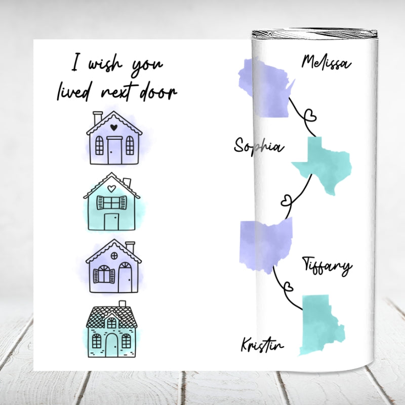 Family Besties Sisters Long Distance Watercolor State Map Personalized Skinny Tumbler
