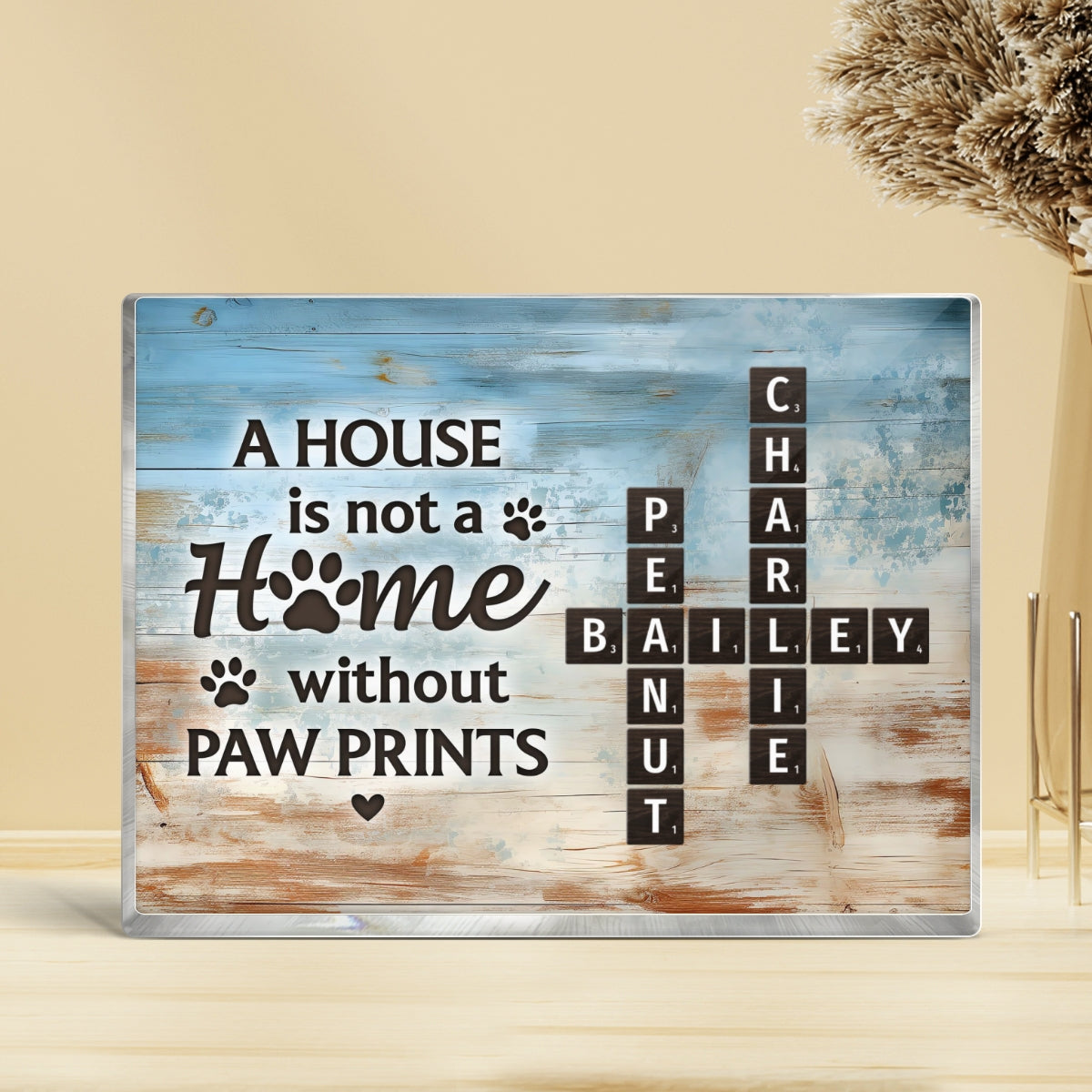 Home With Paw Prints Pet Crossword Puzzle Art Personalized Acrylic Block Plaque