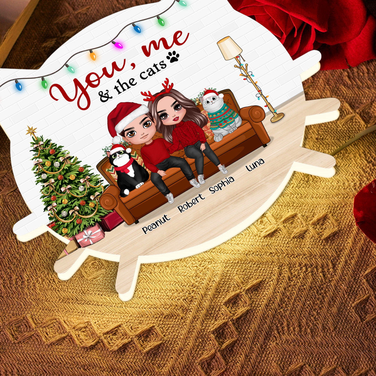 Christmas Couple You And Me And The Cats - Personalized Light Box - Gift For Cat Lovers