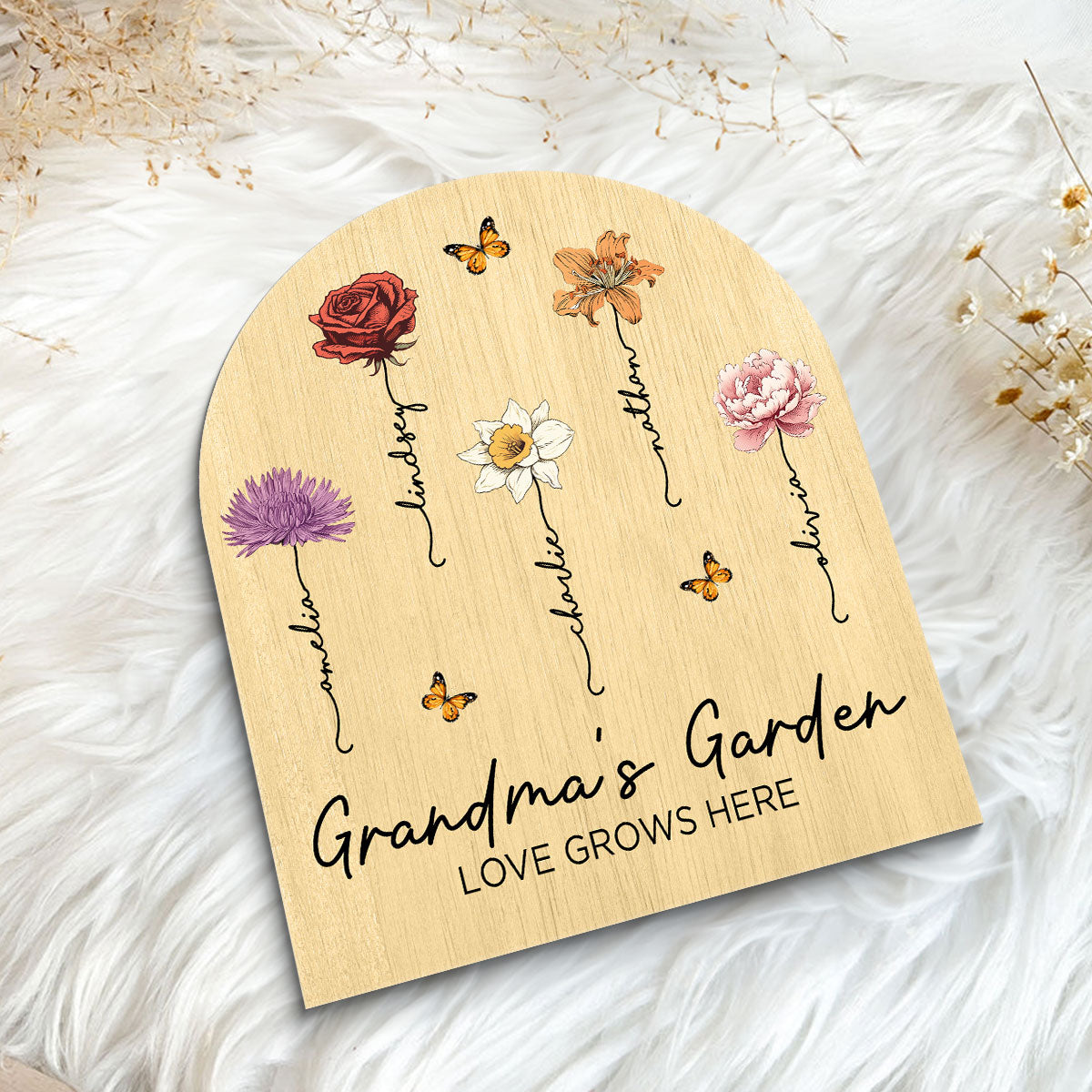 Grandma's Garden Beautiful Birth Month Flowers Dome Shaped Personalized Wooden Plaque