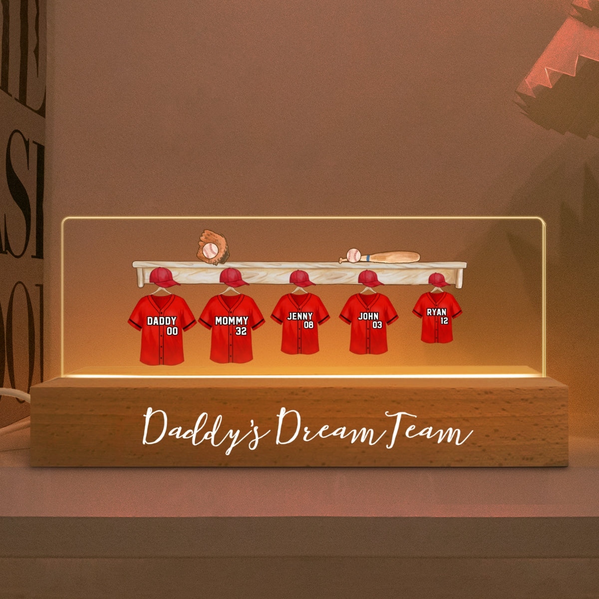 Daddy's Baseball Team Personalized Acrylic Block LED Night Light