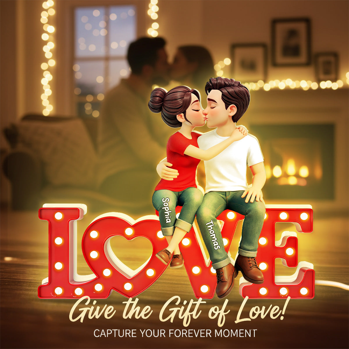Forever LOVE Couple Sitting Kissing - Personalized Light Box - Valentine's Day Gift For Couple, For Him, For Her