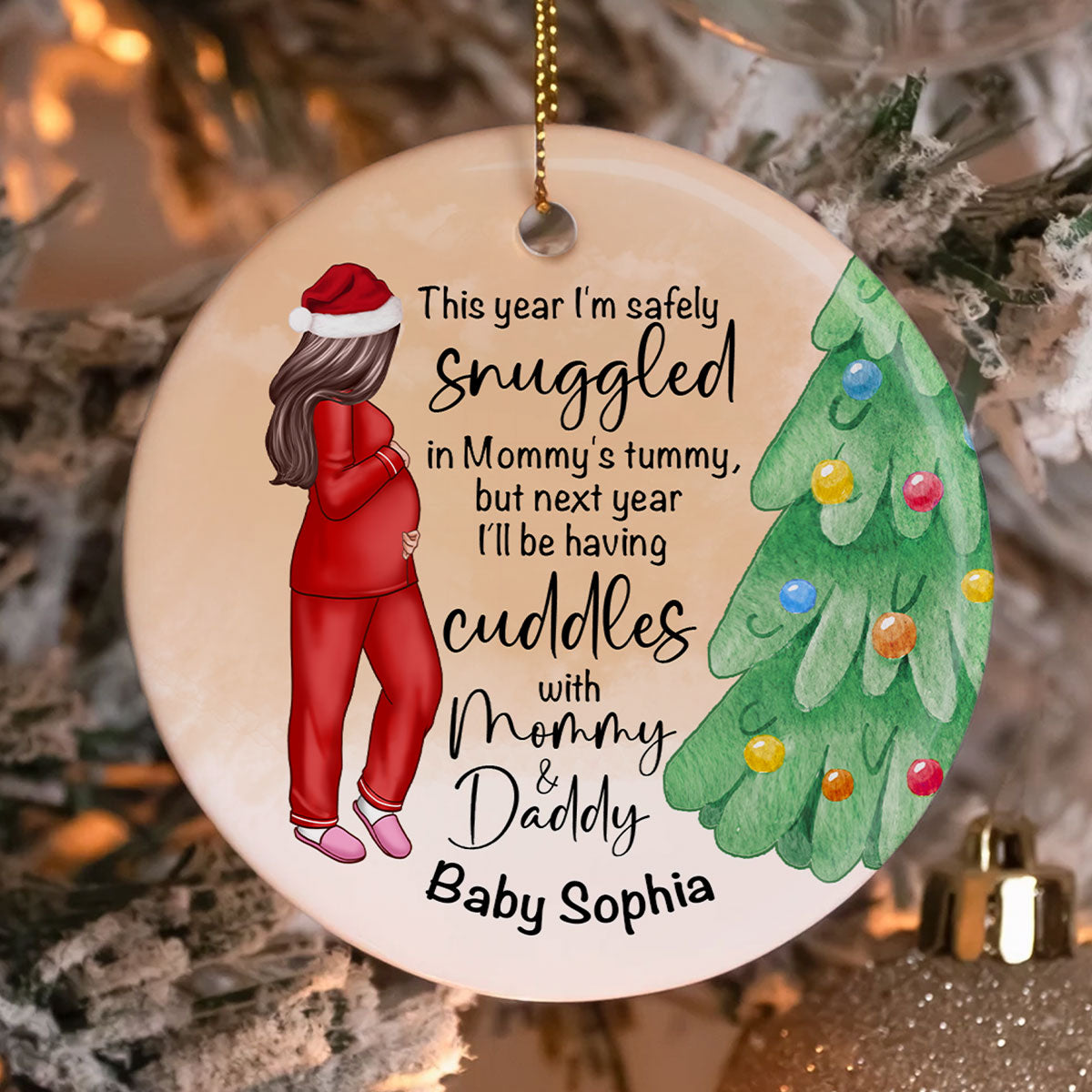 Bump Christmas, Pregnant Ornament, Snuggled in Mommy's Tummy, Personalized Circle Ceramic Ormament