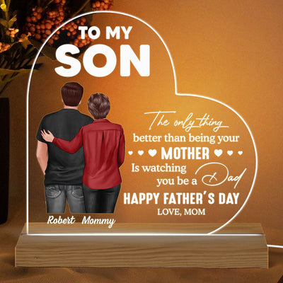 From Mom To Son Happy Father's Day Personalized Heart Acrylic Warm LED Night Light, Heartfelt Gift For Son