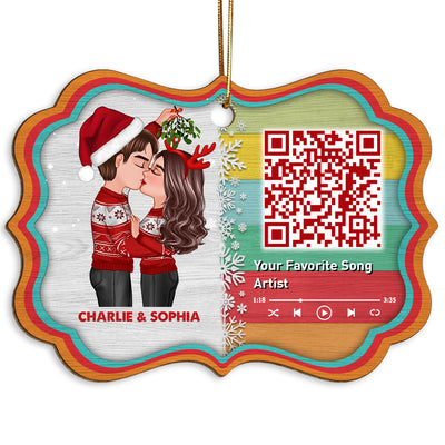 Couple Kissing Under Mistletoe Favorite Song Scannable QR Code Christmas Personalized Wooden Ornament