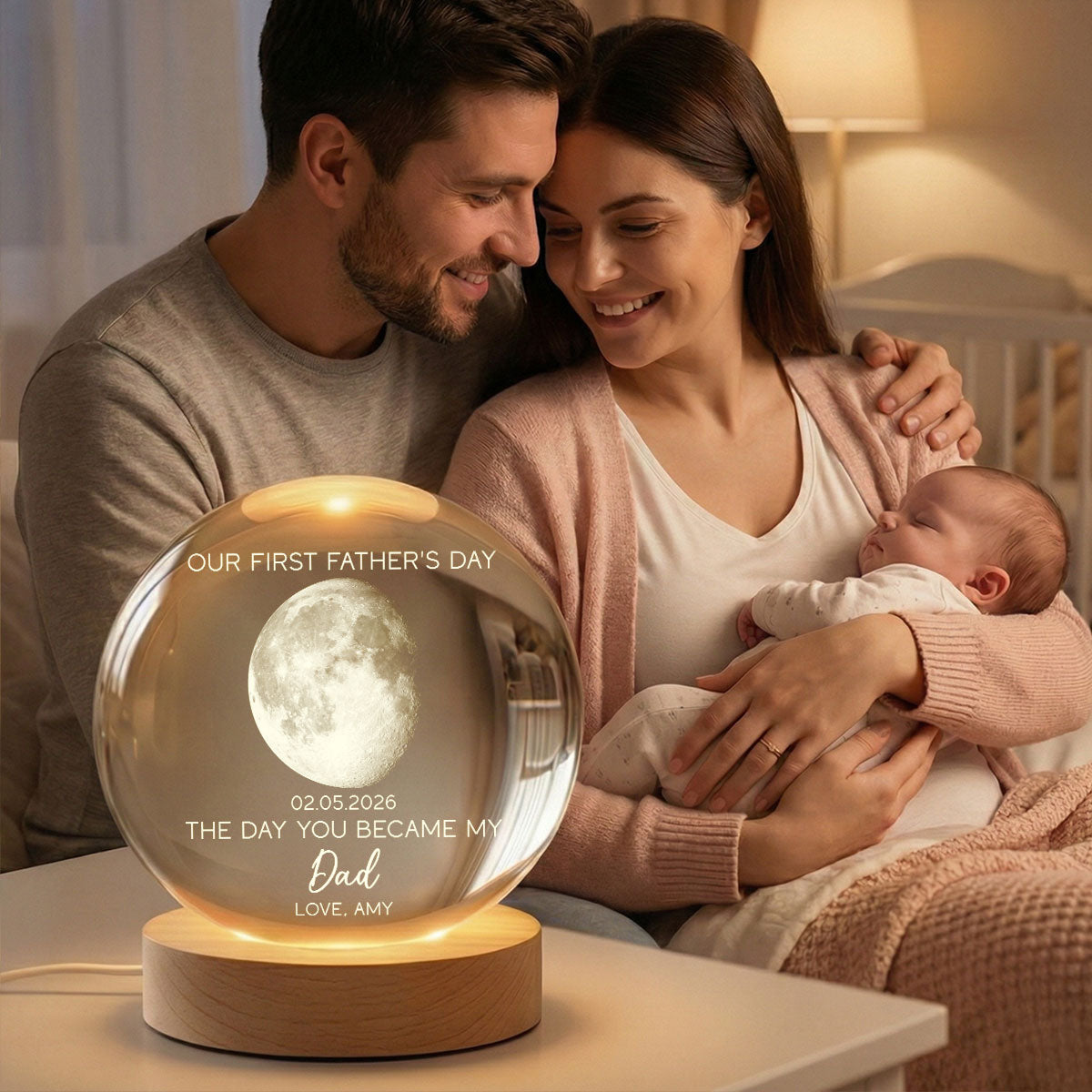 The Day You Became My Dad Custom Moon Phase First Father's Day - Personalized Crystal Ball LED Night Light - First Father's Day Gift For New Dad
