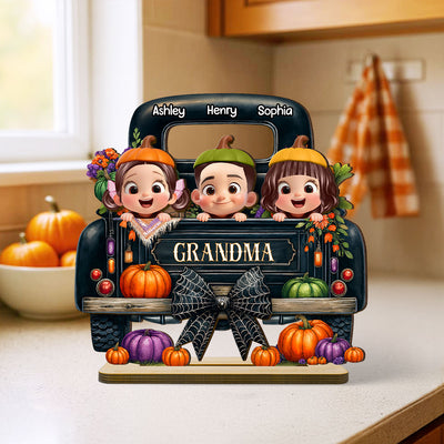 Grandkids Peeking on Halloween Truck Personalized Standing Wooden Plaque, Fall Halloween Decor for Grandma