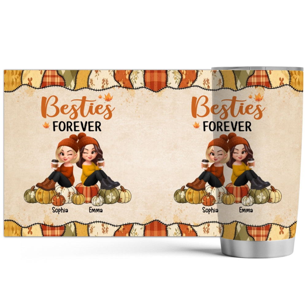 Besties Sisters Sitting On Pumpkin Preppy Floral Fall Season Personalized Tumbler
