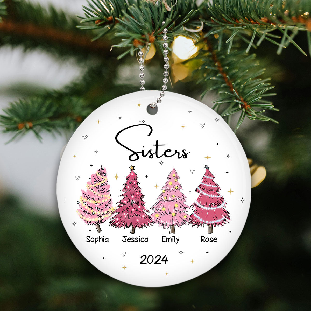 Sisters Besties Pink Christmas Tree Personalized Ceramic Ornament