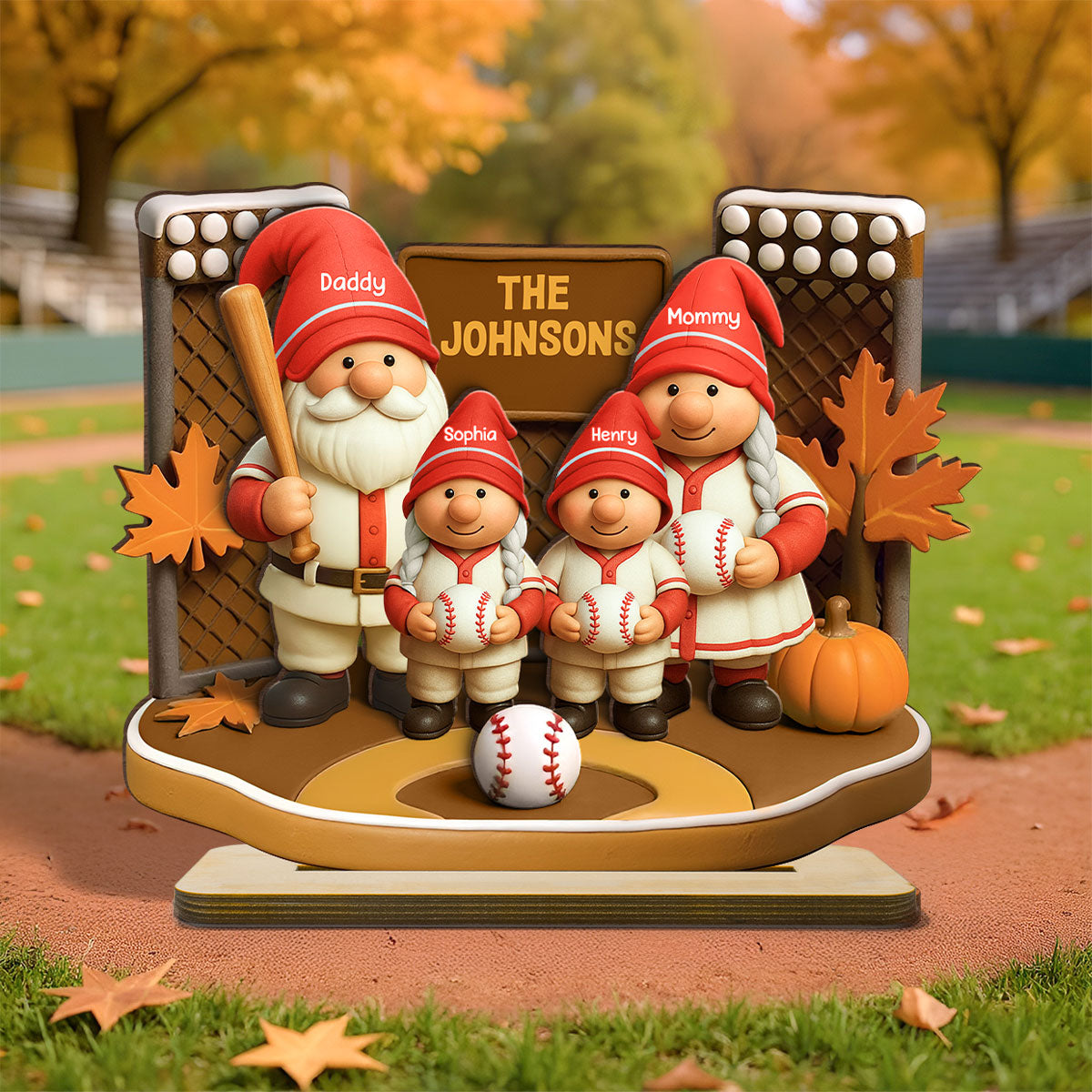 Fall Season Baseball Gnome Family 3D Effect Personalized Standing Wooden Plaque