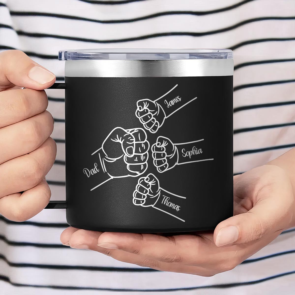 Dad & Kids Fist Bumps Outline Personalized Stainless Steel Tumbler With Handle, Father's Day Gift