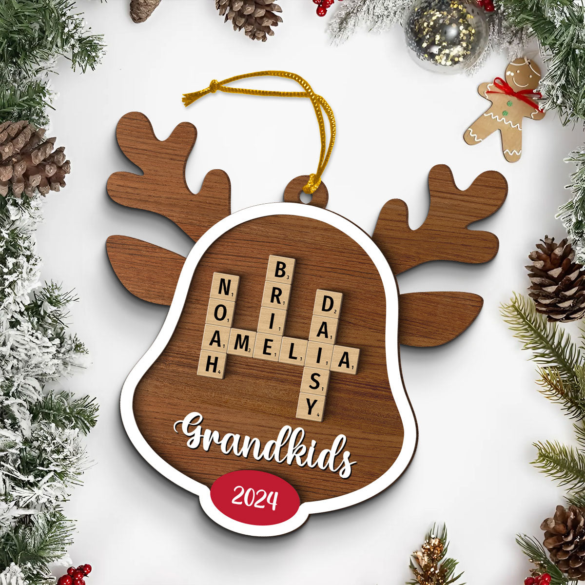 Grandkids Names Reindeer Crossword Puzzle Art Personalized 2-Layer Wooden Ornament, Christmas Gift For Grandma