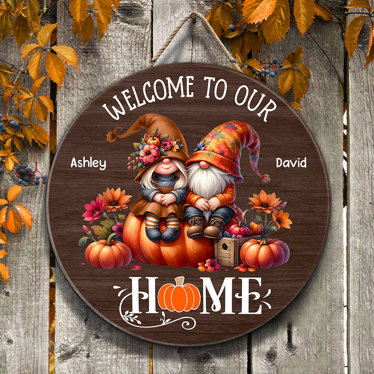 Fall Season Gnome Couple Welcome To Our Home Personalized Wood Sign