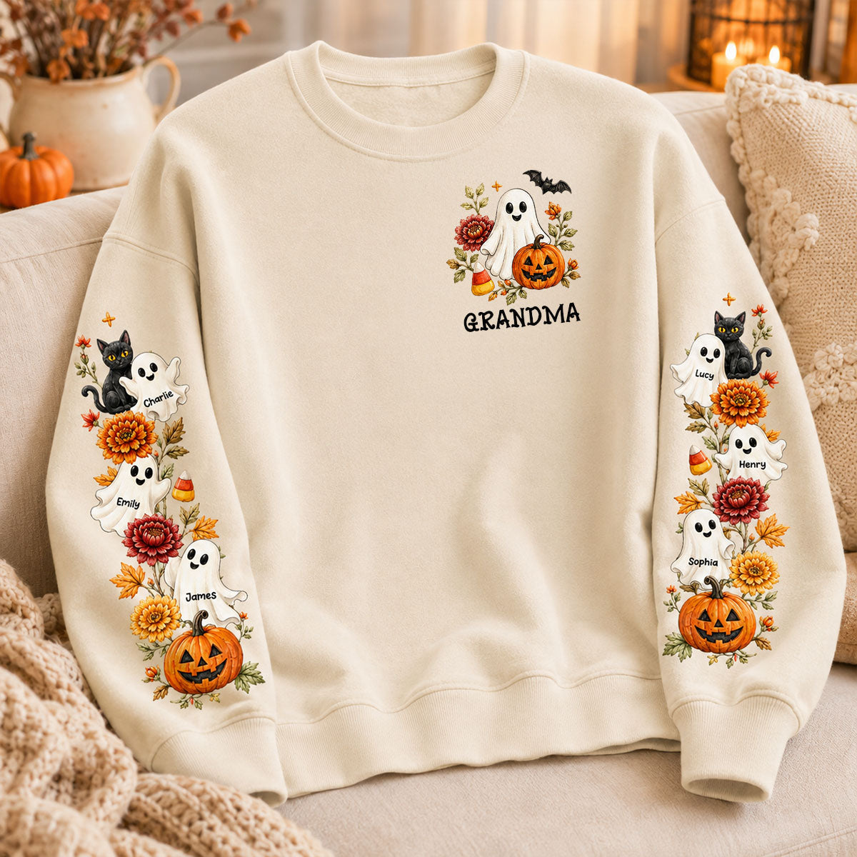 Retro Vintage Floral Grandma Boo Crew - Personalized Sleeve Printed Sweatshirt - Fall Halloween Gift For Grandma