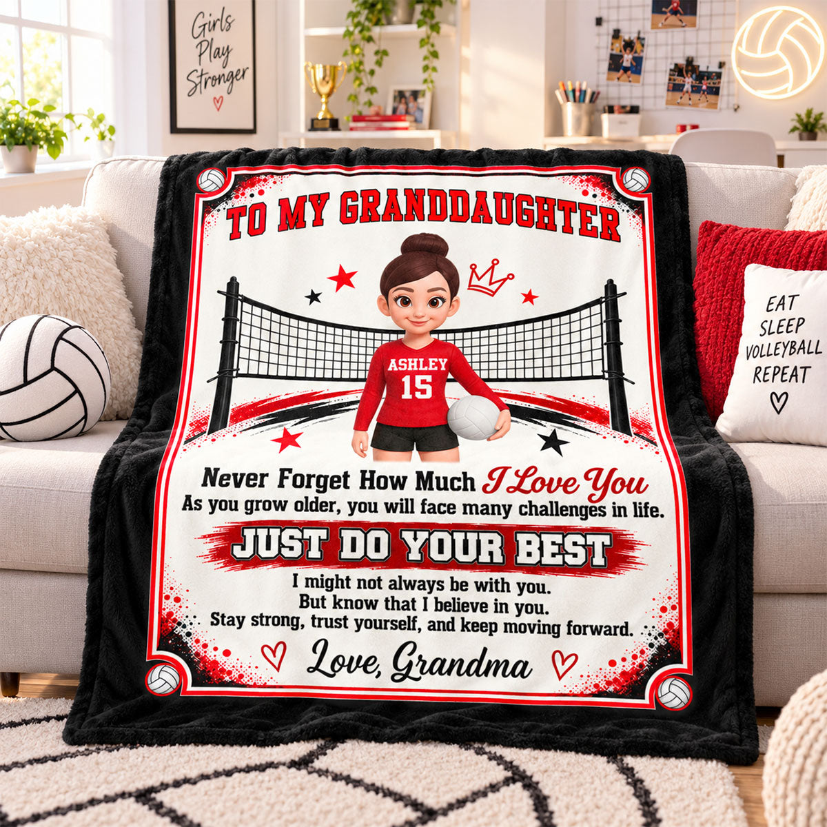 To My Granddaughter Volleyball Player Custom Color & Number - Personalized Fleece Blanket - Christmas Gift For Volleyball Players, Daughter, Granddaughter, Son, Grandson