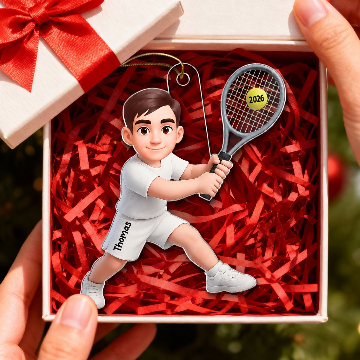 3D Effect Christmas Girl Boy Playing Tennis - Personalized Acrylic Ornament - Gift For Tennis Players, Grandson, Granddaughter