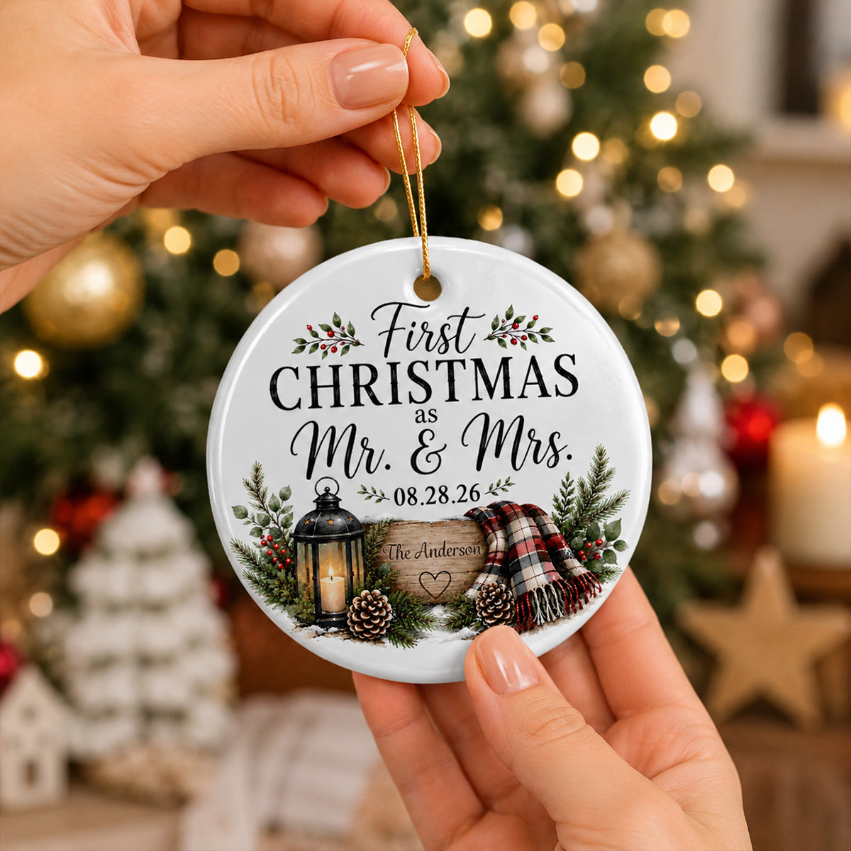 First Christmas as Mr & Mrs - Personalized Ceramic Ornament - Newlywed Rustic Gift, Heartfelt Christmas Keepsake