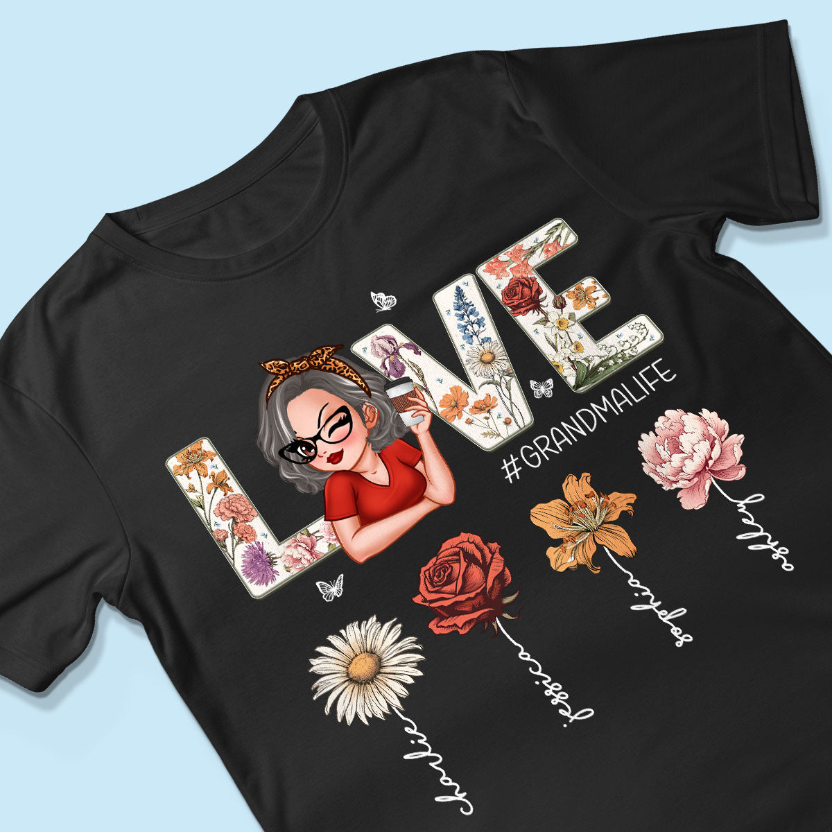Love Grandma Life Vintage Birth Flowers With Kids Names Personalized Shirt